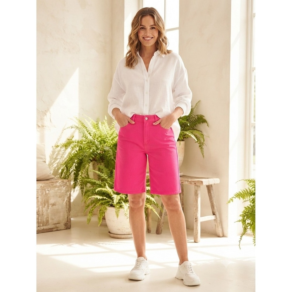 NWOT Karen Kane High Rise Denim Shorts Jorts Barbiecore Festival Hot Pink Sz 6